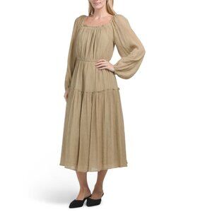 IN FEBRUARY Light Olive Square Neck Crinkle Midi Dress With Balloon Sleeves